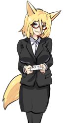  1girl alternate_costume animal_ears bespectacled black_jacket black_pantyhose black_skirt blonde_hair breast_pocket breasts brown_eyes business_card business_suit buttons character_name collared_shirt commentary_request contemporary dot_nose feet_out_of_frame fox_ears fox_girl fox_tail glasses hair_between_eyes head_tilt highres holding_business_card jacket kudamaki_tsukasa lapels large_breasts leftame long_hair_between_eyes long_sleeves looking_at_viewer office_lady open_mouth pantyhose pocket red-framed_eyewear semi-rimless_eyewear shirt short_hair simple_background skirt smile solo split_mouth standing suit tail touhou transparent_background under-rim_eyewear white_shirt 