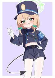  1girl absurdres armband belt blonde_hair blue_archive blush bow breasts commentary_request demon_tail fake_tail green_bow green_eyes green_halo hair_bow halo hand_on_own_hip highres looking_at_viewer midori_(blue_archive) open_mouth purple_background shorts si_kishi small_breasts smile standing tail thigh-highs v white_hands white_thighhighs 