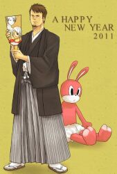  1girl 2011 2boys another_code ashley_mizuki_robbins brown_haori brown_kimono commentary_request d_(another_code) hagoita hakama hakama_pants haori holding holding_paddle hotel_dusk japanese_clothes kimono kyle_hyde multiple_boys new_year paddle pants sandals sealotus stuffed_animal stuffed_rabbit stuffed_toy tabi 