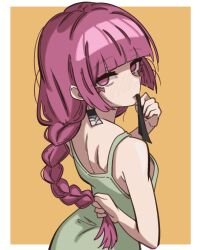  1girl absurdres bare_shoulders blunt_bangs blush bocchi_the_rock! braid commentary dress earrings english_commentary expressionless ghuler green_dress hair_tie hair_tie_in_mouth hanafuda_earrings highres hiroi_kikuri jewelry long_hair looking_at_viewer looking_back mouth_hold narrowed_eyes nose_blush open_mouth purple_hair simple_background single_braid solo tying_hair upper_body violet_eyes yellow_background 