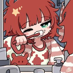  1girl brushing_teeth commentary dated green_eyes highres holding holding_toothbrush mirror one_eye_closed original pajamas red_hair reflection reflection_focus signature solo star_(symbol) star_in_eye stoop_life symbol_in_eye toothbrush towel towel_around_neck untranslatable_commentary 