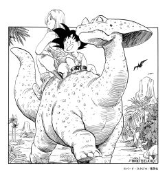  1boy 1girl breasts bulma commentary_request copyright_notice dinosaur dougi dragon_ball dragon_ball_(classic) greyscale highres long_hair medium_breasts monochrome official_art open_mouth palm_tree plateau pterosaur riding riding_animal ruyi_jingu_bang shoes sideboob sitting smile son_goku toriyama_akira tree wristband 