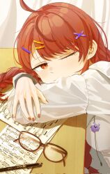  1girl ahoge bang_dream! bang_dream!_yumemita braid commentary_request ewg7k3eutb99502 glasses hair_ornament hairclip head_on_arm highres nail_polish one_eye_closed parallel_hairclips pen red_eyes red_hair sengoku_yuno sengoku_yuno_(real) sheet_music solo table twin_braids unworn_eyewear x_hair_ornament 