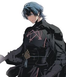  1boy black_cape blue_eyes blue_hair cape cowboy_shot cropped_arm elbow_pads fire_emblem fire_emblem:_three_houses highres long_sleeves looking_at_viewer male_byleth_(fire_emblem) serious short_hair shoulder_pads simple_background solo umi_(oneinchswing) white_background 