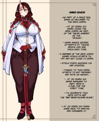  1girl absurdres antares_topaz arm_behind_back arms_at_sides bead_necklace beads black_shoes border braid breasts character_name closed_mouth coat coat_on_shoulders colored_skin commentary english_commentary english_text extra_arms extra_eyes facial_mark full_body gold_trim gradient_hair gradient_horns hair_between_eyes highres holding holding_sword holding_weapon horns invisible_floor jacket jewelry large_breasts long_sleeves looking_at_viewer low_twin_braids multicolored_hair multicolored_horns necklace oni open_clothes open_jacket ornate_border pants planted planted_sword pointy_ears red_hair red_horns red_pants red_skin scorpio_(antares_topaz) shoes single_horn skin-covered_horns solo split_mouth star_linker straight-on sword twin_braids two-tone_background vest weapon white_coat white_jacket white_vest 