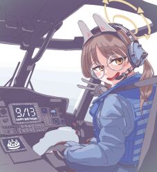  1girl aircraft animal_ear_hairband animal_ears black_gloves blue_archive blue_shirt blue_vest brown_hair cockpit commentary dated fake_animal_ears from_behind glasses gloves hairband halo happy_birthday headset helicopter long_hair long_sleeves looking_at_viewer looking_back moe_(blue_archive) o2otsu open_mouth orange_eyes rabbit_ears round_eyewear shirt sitting smile solo twintails v vehicle_interior vest white-framed_eyewear yellow_halo 