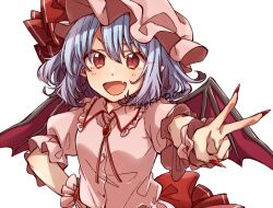  1girl :d bat_wings blue_hair brooch collared_shirt commentary_request fang fingernails frilled_shirt_collar frills hat hat_ribbon jewelry long_fingernails looking_at_viewer mob_cap open_mouth pink_hat pink_shirt pointy_ears puffy_short_sleeves puffy_sleeves red_eyes red_nails red_ribbon remilia_scarlet ribbon sharp_fingernails shirt short_hair short_sleeves simple_background skin_fang smile solo touhou twitter_username unkmochi upper_body v white_background wings wrist_cuffs 