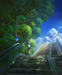  1girl bag black_skirt blue_hair blue_neckerchief blue_sailor_collar blue_sky clouds commentary cyclecircle day highres looking_ahead miniskirt mirror moss neckerchief original outdoors power_lines railing sailor_collar scenery school_bag school_uniform serafuku shirt short_hair skirt sky solo stairs standing stone_stairs tree utility_pole very_wide_shot white_shirt 