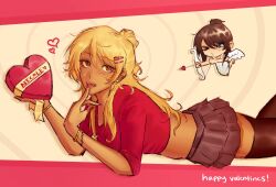  2girls absurdres aiming arrow_(projectile) black_hair black_skirt black_thighhighs blonde_hair blue_eyes bow_(weapon) box brown_eyes class_of_09 crop_top cupid dress english_commentary english_text feathered_wings hair_bun hair_ornament hairclip happy_valentine heart heart-shaped_box heart_arrow highres holding holding_bow_(weapon) holding_box holding_weapon jecka_(class_of_09) long_hair lying miniskirt multiple_girls nicole_(class_of_09) on_stomach one_eye_closed parted_lips pink_lips pink_nails pleated_skirt ponytail red_shirt shirt skirt sleeves_rolled_up tan thigh-highs walkingdownthestairs weapon white_dress white_wings wings yuri zettai_ryouiki 