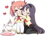  &gt;_&lt; :t =_= akemi_homura black_hair blush chibi closed_eyes eyes_closed hairband heart hug incipient_kiss kaname_madoka kyubey mahou_shoujo_madoka_magica multiple_girls o3o pale_skin pantyhose pink_hair ppera purple_hair red_hair redhead ribbon school_uniform short_twintails sitting skirt twintails 