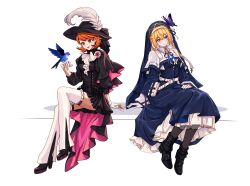  2girls absurdres aigis_(in_contemplation_of_life)_(persona) aigis_(persona) android arknights arm_support ascot bird black_boots black_dress black_hat black_shirt black_skirt blonde_hair blue_bird blue_eyes blue_headdress boots brown_eyes brown_hair bug butterfly cavalier_hat closed_mouth commentary detached_pants dress english_commentary fingerless_gloves flipped_hair full_body gloves hat hat_feather high_heel_boots high_heels highres multiple_girls nun nun_headdress official_alternate_costume open_mouth pants partially_fingerless_gloves persona persona_3 persona_3_reload pleated_skirt puffy_sleeves purple_butterfly ribbon shirt short_hair sitting skirt smile takeba_yukari takeba_yukari_(in_vigil_of_dawn_and_dusk) thighs tonyrg33 variant_set white_ascot white_background white_gloves white_pants 
