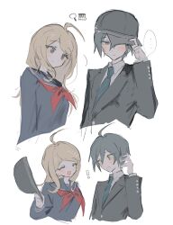  ! 1boy 1girl ^_^ ahoge akamatsu_kaede black_hat black_shirt blazer blonde_hair blush bow closed_eyes danganronpa_(series) danganronpa_v3:_killing_harmony hand_on_headwear hat head_tilt highres holding_another's_hat inagoinaire jacket light_blush looking_at_another looking_to_the_side necktie official_alternate_costume red_bow saihara_shuichi sailor shirt simple_background smile speech_bubble striped_clothes striped_necktie surprised sweat sweatdrop violet_eyes white_background white_shirt wide-eyed yellow_eyes 