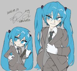  1girl 2026 adjusting_clothes aqua_eyes aqua_hair artist_name black_necktie closed_mouth collared_shirt commentary_request cropped_legs dated gloves grey_background grey_pants grey_suit hatsune_miku highres holding long_hair looking_to_the_side mori_no_ji necktie pale_skin pants shirt signature simple_background suit teeth twintails vocaloid white_gloves white_shirt 