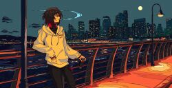  1girl against_railing artdroiiid_ii black_pants black_sweater building can cigarette city city_lights commentary drawstring drink_can english_commentary feet_out_of_frame full_moon grey_sky highres holding holding_can hood hood_down hoodie jewelry kisaragi_ren_(vspo!) lamppost ligne_claire long_sleeves looking_to_the_side moon multiple_rings night ocean outdoors pants profile railing ring scenery sidewalk sky skyline skyscraper sleeves_past_wrists smoking solo standing sweater turning_head turtleneck turtleneck_sweater virtual_youtuber vspo! white_hoodie 