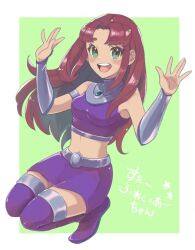  1girl anno_im armlet boots breasts colored_sclera commentary_request crop_top dc_comics full_body green_eyes green_sclera hands_up highres jewelry midriff miniskirt open_mouth purple_skirt red_hair skirt small_breasts smile solo starfire teen_titans teeth thick_eyebrows thigh_boots translation_request upper_teeth_only vambraces zettai_ryouiki 