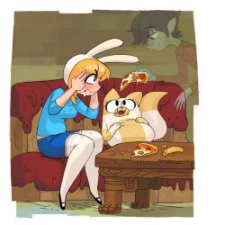  1i3anny 2girls adventure_time adventure_time:_fionna_and_cake animal_hood black_hair blonde_hair blue_shirt blue_skirt breasts cake_the_cat cat colored_skin fionna_campbell food grey_skin holding holding_food holding_pizza hood marshall_lee multiple_girls pizza pizza_slice rabbit_hood shirt short_hair skirt thigh-highs vampire 