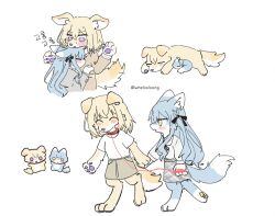  2girls ^_^ animal_ears animal_nose animalization bang_dream! bang_dream!_it's_mygo!!!!! blush cat cat_ears cat_girl cat_tail closed_eyes commentary_request dog dog_ears dog_girl dog_tail furrification furry furry_female holding holding_leash hug korean_commentary leash misumi_uika multiple_girls multiple_views pawpads simple_background sleeping snout tail togawa_sakiko walking wheloo3rd white_background yuri 