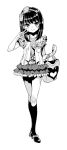  blush copyright_request hairband highres kink kneehighs monochrome short_hair short_sleeves simple_background smile solo v 