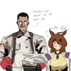  1boy 1girl agnes_tachyon_(tach-nology)_(umamusume) agnes_tachyon_(umamusume) ahoge animal_ears black_hair black_necktie brown_hair coat commentary crossover english_commentary english_text glasses gloves hair_over_one_eye highres horse_ears horse_girl katalact lab_coat laughing long_sleeves looking_at_viewer medi_gun medic_(tf2) necktie outstretched_arms red_eyes red_gloves red_medic_(tf2) red_necktie round_eyewear short_hair short_necktie simple_background sleeves_past_fingers sleeves_past_wrists speech_bubble spread_arms straight-on sweater team_fortress_2 umamusume white_background white_coat wide-eyed yellow_sweater 
