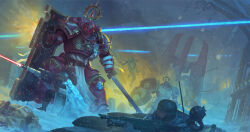  6+boys absurdres adeptus_astartes armor astra_militarum battle blood_angels bozhko_dimitrov camouflage_cloak cloak fire_warrior full_body helmet highres holding holding_sword holding_weapon iron_halo laser lasgun multiple_boys pauldrons power_armor power_sword projectile_trail purity_seal red_armor shield shoulder_armor sword t'au tabard warhammer_40k weapon 