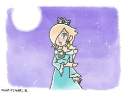  1girl :d artist_name blonde_hair blue_dress blue_eyes breasts brooch commentary crown dress earrings english_commentary eyelashes full_moon hair_over_one_eye hand_on_own_arm highres jewelry long_hair long_sleeves looking_at_viewer medium_breasts moon open_mouth pumpitcharlie rosalina smile solo star_(symbol) star_brooch star_earrings super_mario_bros. 