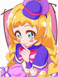  1girl absurdres blonde_hair blue_eyes blush_stickers border bow braid bright_pupils brooch capelet chest_bow closed_mouth commentary cure_friendy deerstalker dress finger_to_own_chin frilled_wrist_cuffs frills from_above hair_bow hairband halftone halftone_background hand_up hat heart heart_brooch highres inukai_iroha jewelry long_hair looking_at_viewer low_twin_braids magical_girl mini_hat multicolored_bow outside_border pink_background pink_bow precure purple_capelet purple_dress purple_hairband purple_hat purple_wrist_cuffs sleeveless sleeveless_dress smile solo striped_bow suzukiahureru tilted_headwear twin_braids upper_body very_long_hair white_border wonderful_precure! wrist_cuffs yellow_pupils 