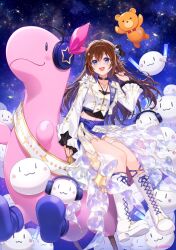  1girl :d amagai_tarou ankimo_(tokino_sora) black_ribbon black_shirt blue_eyes boots brown_hair commentary_request cropped_jacket diamond_hair_ornament earrings frilled_sleeves frills full_body gold_trim hair_flaps hair_ornament hair_ribbon hand_up highres hololive jacket jewelry knee_boots lace-up_boots lapels long_hair looking_at_viewer midriff navel necklace night notched_lapels nun_nun_(tokino_sora) official_art open_mouth outdoors ribbon shirt short_shorts shorts sitting sky smile solo star_(sky) star_(symbol) star_hair_ornament starry_sky thigh_strap tokino_sora vest virtual_youtuber white_boots white_jacket white_shorts white_vest wide_sleeves 