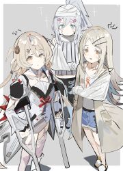  arm_sling bandaged_arm bandaged_head bandages bandaid blue_eyes blush camisole cast commentary_request crossover crutch deux_murasame gakuen_idolmaster gauze gauze_on_cheek gradient_hair grey_hair gundam gundam_gquuuuuux hair_ornament highres holding idolmaster injury long_hair looking_at_viewer mole mole_on_thigh multicolored_hair multiple_crossover multiple_girls open_mouth orange_eyes phoenix_reffaella ponytail shinosawa_hiro shoes shorts simple_background standing sweat the_olphy thigh-highs trait_connection twintails white_camisole zenless_zone_zero 