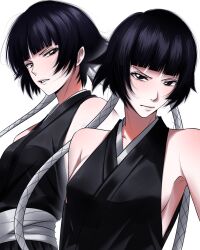  1girl bare_shoulders black_eyes black_hair black_kimono bleach blunt_bangs breasts closed_mouth covered_nipples cuxmah detached_sleeves hair_tubes halterneck highres japanese_clothes kimono looking_at_viewer multiple_views no_bra shihakusho shinigami short_hair sideboob sideless_kimono sideless_outfit simple_background solo sui-feng white_background 