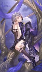  1boy absurdres artist_name bare_tree black_cape black_jacket black_ribbon black_shoes black_shorts black_socks blue_eyes blurry blurry_background bow branch cape closed_mouth earrings frilled_shirt_collar frilled_sleeves frills fur-trimmed_cape fur_trim genshin_impact grey_hair hair_between_eyes highres illuga_(genshin_cafe_in_seoul)_(genshin_impact) illuga_(genshin_impact) in_tree jacket jewelry knee_up long_sleeves looking_at_viewer male_focus mole mole_under_eye multicolored_hair official_alternate_costume parted_bangs purple_bow purple_ribbon red_hair ribbon shirt shoes short_hair short_shorts shorts side_cape single_earring sitting sitting_in_tree smile socks solo swept_bangs tanemaki_monaka tree twitter_username two-tone_hair watermark white_shirt 