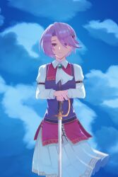  1girl absurdres ascot blue_sky brooch closed_mouth clothes_lift clouds collared_shirt commentary_request corecamilox4 curtained_hair eiyuu_densetsu english_commentary frown gem green_gem half-closed_eyes highres holding holding_sword holding_weapon jewelry kloe_rinz long_sleeves looking_at_viewer medium_skirt narrowed_eyes parted_bangs planted planted_sword pleated_skirt purple_hair purple_vest rapier shirt short_hair skirt skirt_lift sky solo sora_no_kiseki sword upper_body vest violet_eyes weapon white_ascot white_shirt white_skirt wind 