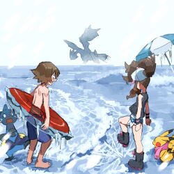  1boy 1girl beach_umbrella boots brown_hair cold commentary_request dewott exposed_pocket frozen highres hilbert_(pokemon) hilda_(pokemon) holding holding_swim_ring kyurem nyagiratwist outdoors pikachu pink_scarf pokemon pokemon_(creature) pokemon_black_and_white scarf standing swim_ring trembling umbrella 