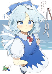 2girls :t absurdres bandaid bandaid_on_head blue_bow blue_dress blue_eyes blue_hair blush bomb_item_(touhou) bow cirno closed_mouth commentary daiyousei dress fairy fairy_wings gohei green_hair hands_on_own_hips highres ice ice_wings looking_at_viewer lying maton_3110 medium_hair multiple_girls on_stomach pout ribbon shirt short_sleeves tearing_up touhou translation_request white_shirt wings yellow_ribbon 