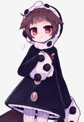  1girl animal_hood brown_hair butter_run closed_mouth commentary_request grey_background hood magical_girl mahou_shoujo_ikusei_keikaku mahou_shoujo_ikusei_keikaku_aces pantyhose red_eyes short_hair striped_clothes striped_pantyhose tail ururu_(mahoiku) vertical-striped_clothes vertical-striped_pantyhose 