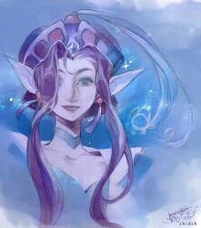  1girl blue_background blue_dress blue_eyes choker commentary curtained_hair dress earrings english_commentary faux_traditional_media grandia grandia_i hat hat_feather jennie_halen jewelry liete_(grandia) pointy_ears portrait purple_hair purple_hat purple_lips signature solo tassel watercolor_effect 