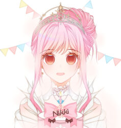  1girl anime_coloring bare_shoulders birthday_cake bow brown_eyes cake candle character_name chinese_commentary clothing_cutout collar colored_shadow commentary_request detached_collar dress earrings eyelashes feather_earrings feathers fire floating_earrings flower flower_earrings food garland_(decoration) hair_bun happy high_collar highres holding holding_plate infinity_nikki jewelry lace_collar light_blush long_sidelocks looking_at_viewer melody_bloom_(infinity_nikki) nikki_(nikki) nikki_(series) open_mouth pink_bow pink_hair plate qi05194738 shadow short_hair_with_long_locks short_sleeves shoulder_cutout sidelocks single_hair_bun smile solo straight-on tareme tiara updo upper_body white_background white_collar white_dress yellow_flower 