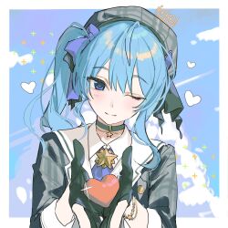 1girl beret blue_eyes blue_hair blush choker clouds commentary crown dress gloves grey_gloves hair_ribbon hat heart heart_hands highres holding holding_heart hololive hoshimachi_suisei idol_clothes looking_at_viewer mini_crown niwatori_inc portrait ribbon sailor_dress side_ponytail sky smile star_(sky) star_(symbol) star_choker star_pendant untranslatable_commentary upper_body 