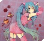  amputee aqua_eyes aqua_hair bat_wings cake detached_sleeves fiute food fork garter_straps hatsune_miku long_hair necktie solo sweets thigh-highs thighhighs twintails very_long_hair vocaloid wings 