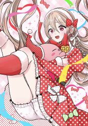 1girl :d blonde_hair bloomers bow bowtie braid commentary creature crossover double-parted_bangs dress english_commentary feet_out_of_frame female_corrin_(fire_emblem) fire_emblem fire_emblem_fates floating_hair hair_between_eyes hair_bow hairband highres juliet_sleeves kirby kirby_(series) legs_up long_hair long_sleeves open_mouth pink_eyes pointy_ears polka_dot polka_dot_bow polka_dot_dress puffy_sleeves red_bow red_bowtie red_dress roroichi smile underwear very_long_hair white_background white_bloomers white_bow white_hairband 