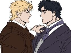  2boys alternate_costume black_hair blonde_hair closed_mouth collared_shirt dio_brando face-to-face hand_on_another's_shoulder jojo_no_kimyou_na_bouken jonathan_joestar lapels looking_at_another male_focus multiple_boys necktie notched_lapels phantom_blood protected_link shirt short_hair simple_background sketch suit upper_body white_background y_yu_mnb 