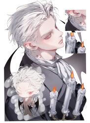  1boy bat_wings bite_mark bite_mark_on_neck black_suit candle_wax chibi commentary from_above from_side full_body hair_slicked_back highres looking_at_viewer necotenxi original pink_eyes pointy_ears red_eyes short_hair suit untranslatable_commentary vampire wings 