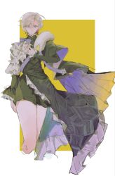  1boy absurdres belt black_belt black_cape black_shirt black_shorts border bow brown_hair cape closed_mouth commentary earrings feet_out_of_frame floating_cape floating_clothes frills fur-trimmed_cape fur_trim genshin_impact grey_hair hair_between_eyes hand_on_own_chest hand_up highres ikiisogi illuga_(genshin_cafe_in_seoul)_(genshin_impact) illuga_(genshin_impact) jewelry long_sleeves looking_at_viewer male_focus multicolored_hair official_alternate_costume outside_border puffy_long_sleeves puffy_sleeves purple_bow purple_cape shirt short_hair shorts simple_background single_earring smile solo standing streaked_hair two-sided_cape two-sided_fabric untranslatable_commentary violet_eyes white_border white_shirt wide_sleeves yellow_background 