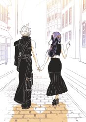  1boy 1girl absurdres apron arrow_(symbol) bare_arms bare_shoulders black_apron black_gloves black_hair black_pants black_shirt blonde_hair building cloud_strife commentary_request couple crop_top detached_sleeves fenrir_(ff7) final_fantasy final_fantasy_vii final_fantasy_vii:_advent_children from_behind full_body gloves hetero highres holding_hands jewelry long_hair outdoors pants pointing ring ruka_ika shirt short_hair single_detached_sleeve single_glove single_shoulder_pad sleeveless sleeveless_shirt spiky_hair tifa_lockhart waist_apron waist_cape walking 