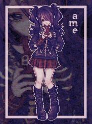  1girl ame-chan_(needy_girl_overdose) black_boots black_eyes black_hair boots cellphone character_name commentary english_commentary figure-referenced hair_ornament highres holding holding_phone needy_girl_overdose official_alternate_costume omiious ornate_phone_case phone plaid_clothes plaid_skirt red_skirt shaded_face shoe_buckle skirt skull_print smartphone solo twintails x_hair_ornament 