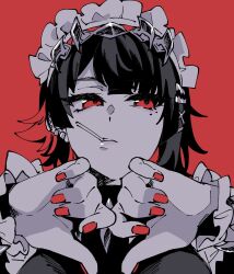  1girl ayunyan_pere black_hair candy colored_inner_hair commentary_request ellen_joe food food_in_mouth hair_ornament hairband heart heart_hands highres lollipop lollipop_in_mouth looking_to_the_side maid maid_headdress metal_hairband mole mole_under_eye multicolored_hair portrait red_background red_eyes red_hair red_nails short_hair simple_background solo spiked_headband two-tone_hair zenless_zone_zero 