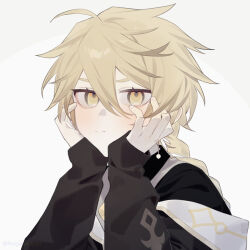  1boy aether_(genshin_impact) aether_(guilin)_(genshin_impact) ahoge black_shirt blonde_hair blush braid closed_mouth commentary_request earrings fingernails genshin_impact hair_between_eyes hands_on_own_face hands_up jewelry long_hair long_sleeves looking_at_viewer low-braided_long_hair low-tied_long_hair male_focus official_alternate_costume penguinjelly061 puffy_long_sleeves puffy_sleeves scarf shirt single_braid single_earring solo turtleneck turtleneck_shirt v-shaped_eyebrows white_scarf yellow_eyes 