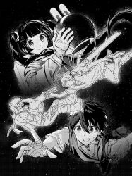 1boy 1girl bandages closed_mouth commentary gloves greyscale hair_between_eyes hair_ornament hairclip helmet highres kenmochi_touya kenmochi_touya_(1st_costume) kinko1127146 long_hair looking_at_another monochrome multiple_views nijisanji omamori open_mouth pants reaching reaching_towards_another reaching_towards_viewer school_uniform shoes short_hair short_sleeves space space_helmet spacesuit surprised sweater_vest tsukino_mito tsukino_mito_(astronaut) twintails unworn_headwear unworn_helmet virtual_youtuber weapon_bag 