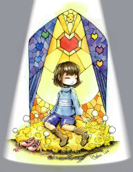  1other 2018 2d ambiguous_gender artist_name blue_soul_(utdr) blue_sweater boots brown_boots brown_hair child claire8783 cyan_soul_(utdr) double_horizontal_stripe flower frisk_(undertale) full_body green_soul_(utdr) grey_background heart heart_print highres horizontal-striped_clothes human long_sleeves orange_soul_(utdr) other_focus pink_shoes pink_stripes purple_shorts purple_soul_(utdr) red_soul_(utdr) shoes short_hair shorts signature simple_background sitting solo soul_(utdr) spotlight stained_glass striped_clothes striped_sweater sweater traditional_media two-tone_sweater undertale unworn_shoes utdr_(toby_fox) watercolor_(medium) watermark white_background yellow_soul_(utdr) 