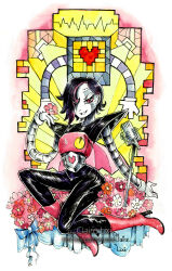  1boy 2018 2d android artist_name black_hair blue_bow boots bow claire8783 flower full_body gloves hair_over_one_eye heart heart_print high_heel_boots highres holding holding_flower humanoid humanoid_robot male male_focus male_only mettaton mettaton_(box) mettaton_ex microphone microphone_stand pauldrons pink_boots pink_eyes pink_flower red_flower red_soul_(utdr) robot robot_boy short_hair signature simple_background sitting solo soul_(utdr) stained_glass traditional_media undertale utdr_(toby_fox) watercolor_(medium) watermark white_background white_flower white_gloves wire 