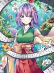  bangs blush bon breasts bunny calligraphy_brush camellia_(flower) cherry_blossoms daffodil flower frog hair_flower hair_ornament hands hieda_no_akyuu hydrangea japanese_clothes lavender_eyes paintbrush purple_eyes purple_hair scroll short_hair smile solo sunflower touhou violet_eyes wide_sleeves 